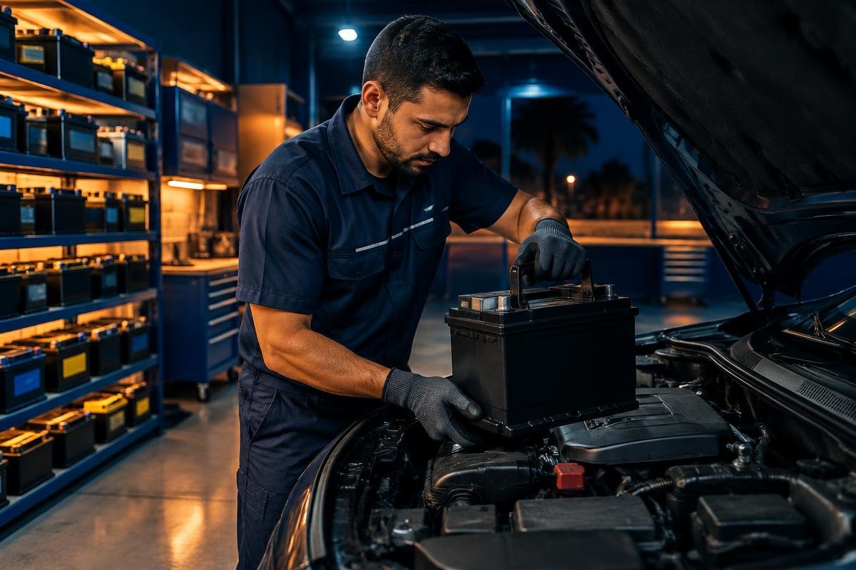 Técnico instalando bateria em automóvel